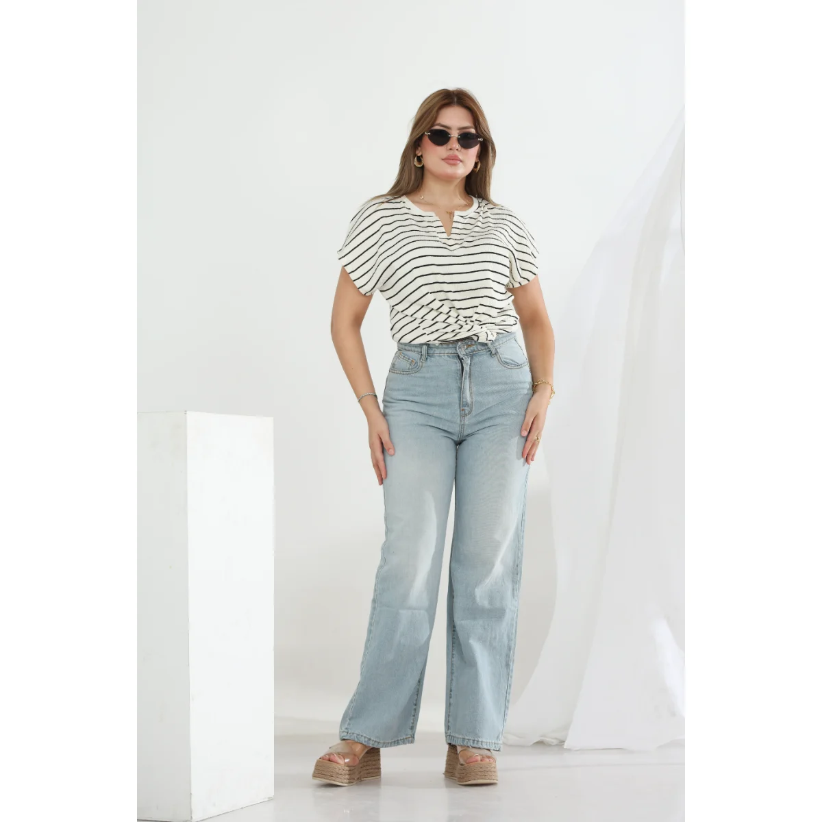 Jean Femme Taille Haute Coupe Large – Délavé Bleu Clair